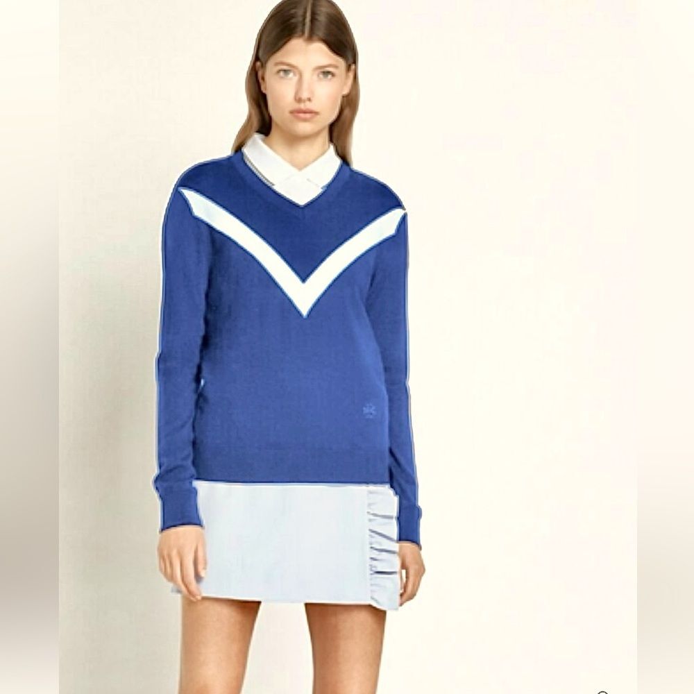 Tory Burch Merino Chevron V-Neck Sweater in Blue XL